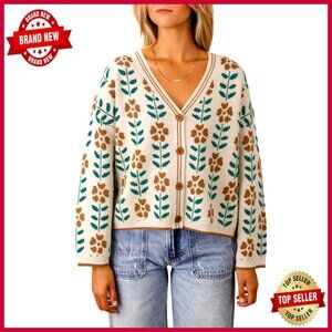 Floral Print V-Neck Cardigan Long Sleeve Loose Fit Button Front Sweater